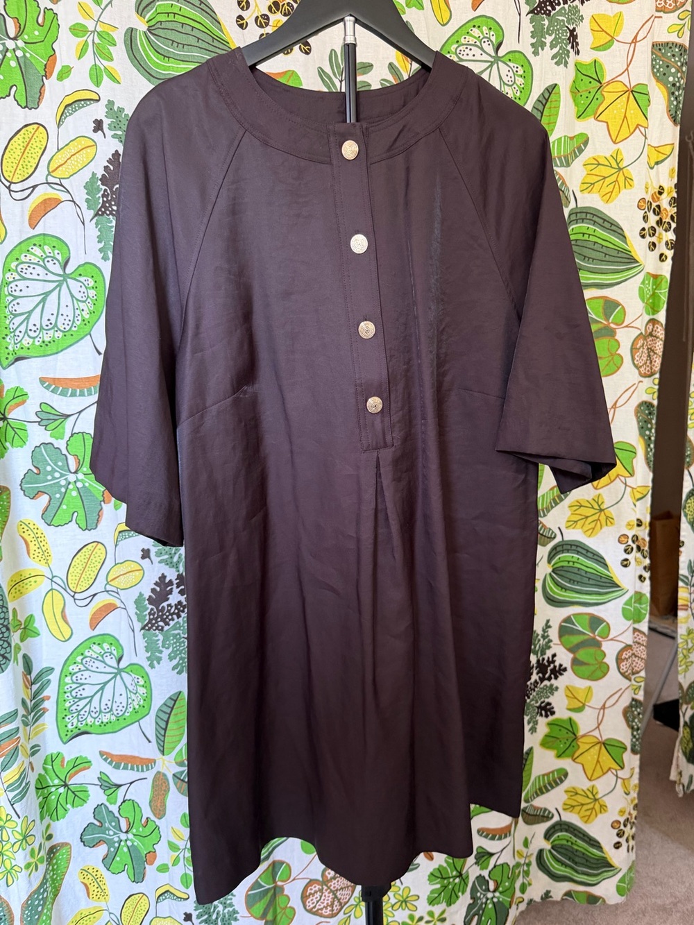 H&M Brown Tunic Shift Dress Gold Button 3/4 Sleeve Pockets Size L